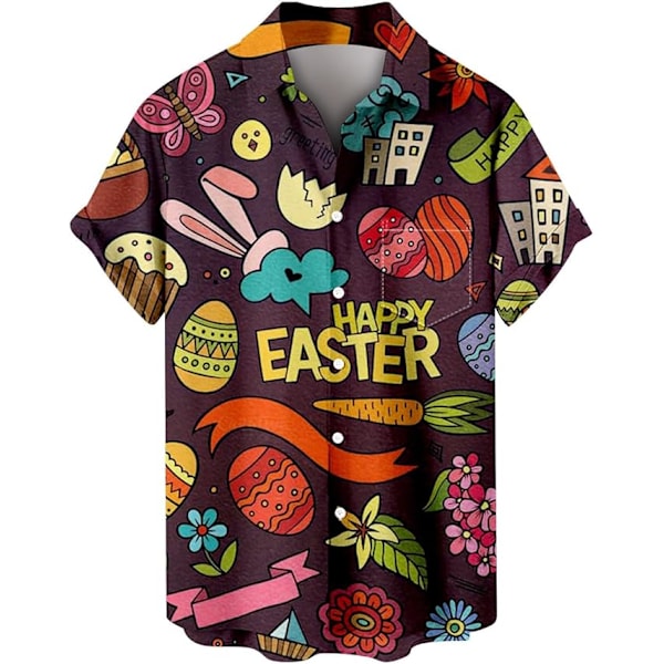Glad Påsk Hawaiiskjortor för Män Rolig Äggtryck T-shirt med Ficka Sommarsemester Kortärmad Knäppning