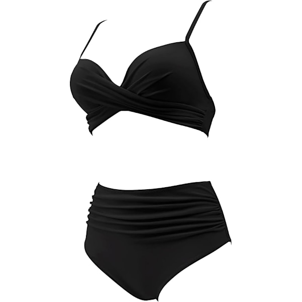 Högmidjad Bikini Set Push Up Bikini Överdel med Tummy Control Bikini Halterneck Bygel Vadderad Bikini 2 Delar