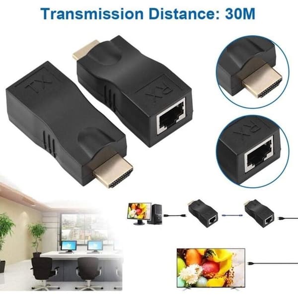 RJ45 til HDMI forlængerkabel - AIMOONSA - HDMI1.4 30 m - Cat5e/6 - 4K 3D Plug & Play