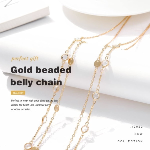Boho Flerskiktad Rhinestone Magkedja Guld Pärlor Magkedjor Paljetter Bälte Kroppskedja Smycken för Kvinnor och Flickor