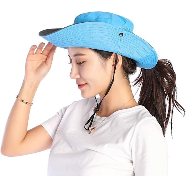 Sommarhatt för kvinnor, bredbrättad meshkeps, utomhusfiskehattar, UV-skydd, strandhatt för kvinnor Azul