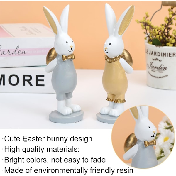 Påskeharefigurer, kaninstatue i resin, påskehare som holder gylne egg, påskepynt