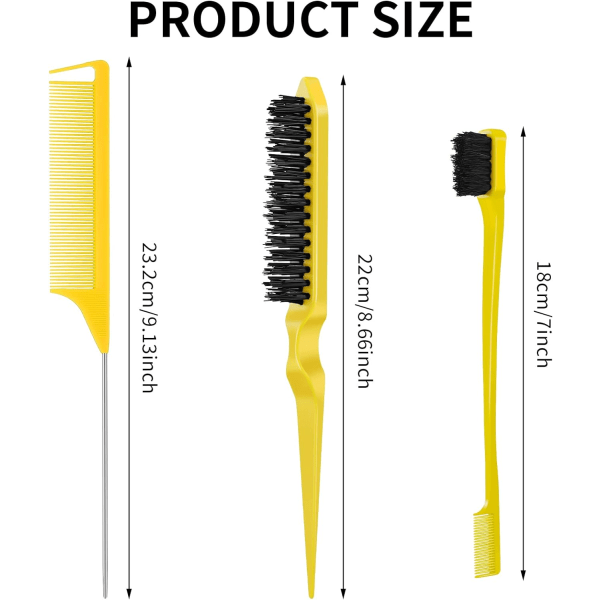 3-pack borste set för styling, borste med plastborst, kam för styling av kanter, robust kam med råttsvans
