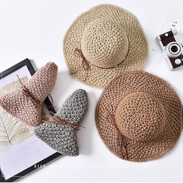 Solhatt i strå för damer, hopfällbar stråhatt med bred brätte, solhatt med rosett, justerbar strandhatt, elegant bucket hat, UPF 50 UV-skydd