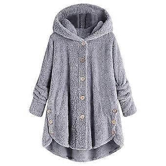 Damjacka Mode Knappar Fluffig Ull Huvjacka Lös Vinter Varm Plus Storlek (XL Ljusgrå)