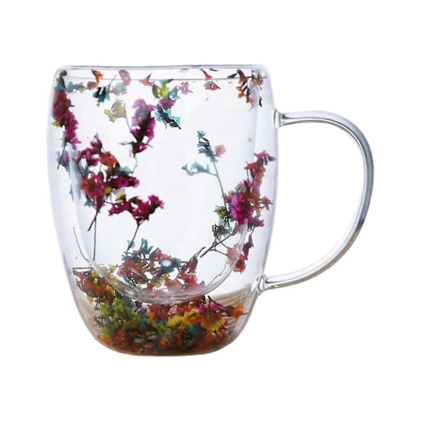Tørkede Blomster Dobbel Vegg Klar Glass Kaffekopp 250/350ml Isolert Glasskopp for Varme og Kalde Drikker Cappuccino Latte Espresso Kopp Unik Gave til Kvinner 350ml