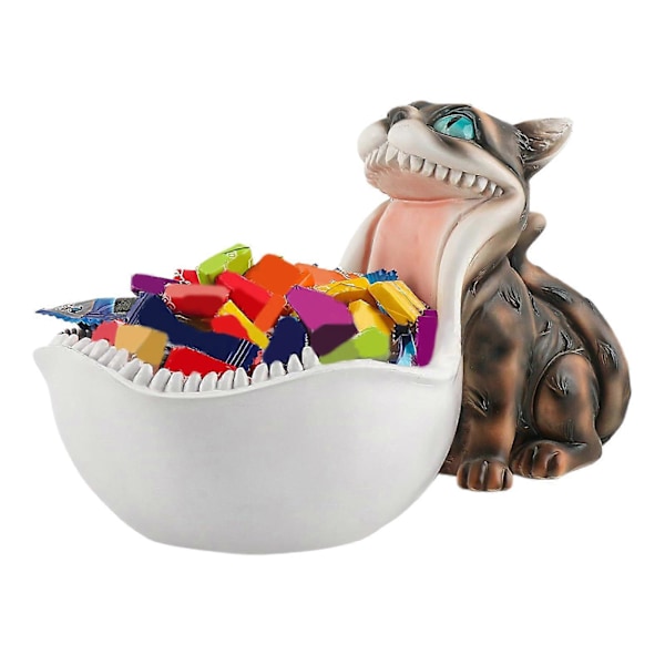 Halloween Godteriskål Resin Skummel Stor Munn Katt Statue Godterifat Gotisk Katt Nøkkelbolle for Skrivebord Inngangsbord Brown