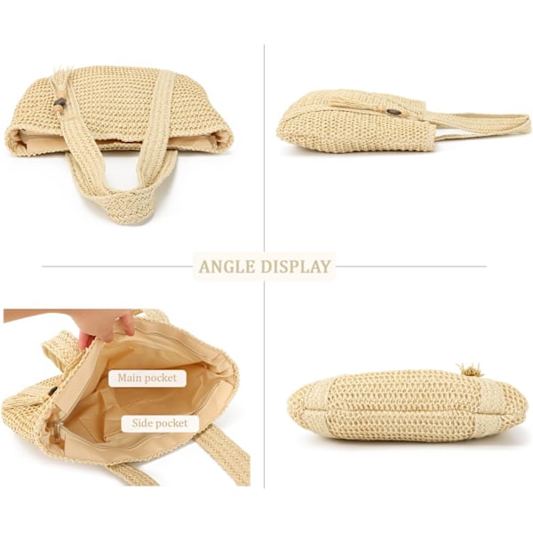 Skuldertasker i strå til kvinder piger Stråtasker Sommer Shoppers Vævet stråtaske til strandferie rejser Beige 02