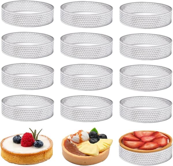12 stk. 8 cm Mousse Kageform i Rustfrit Stål – Perforerede Bageforme til Desserter, Kager, Tærter – 12 Stykker