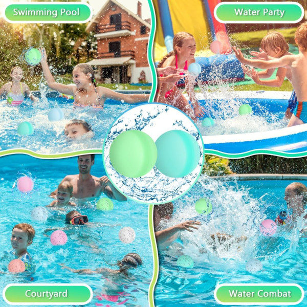 Gjenbrukbare vannballonger, 15 stk. Påfyllbare vannbombeballonger med nettingpose, silikonvannballer for barn og voksne sommer