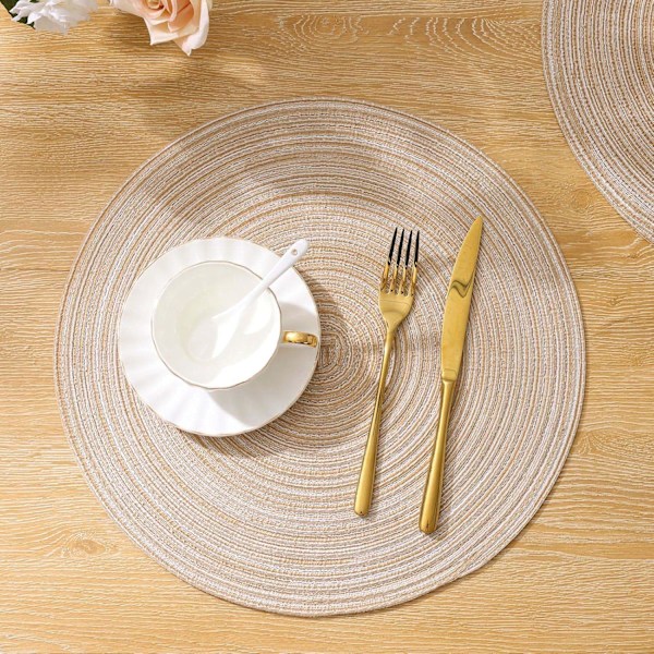 38 cm Runde Bordbrikker Sett med 6 Flettede Vevde Bordbrikker Vaskbare Bordbrikker Runde Varmebestandige Bordmatter, Beige