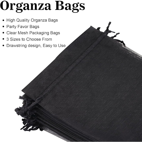 Sorte Gaveposer i Organza - 7x9 CM Medium Organza Poser, 100 STK Bryllupssmykkeposer - Klare Netposer til Bryllup, Jul Black 7*9cm