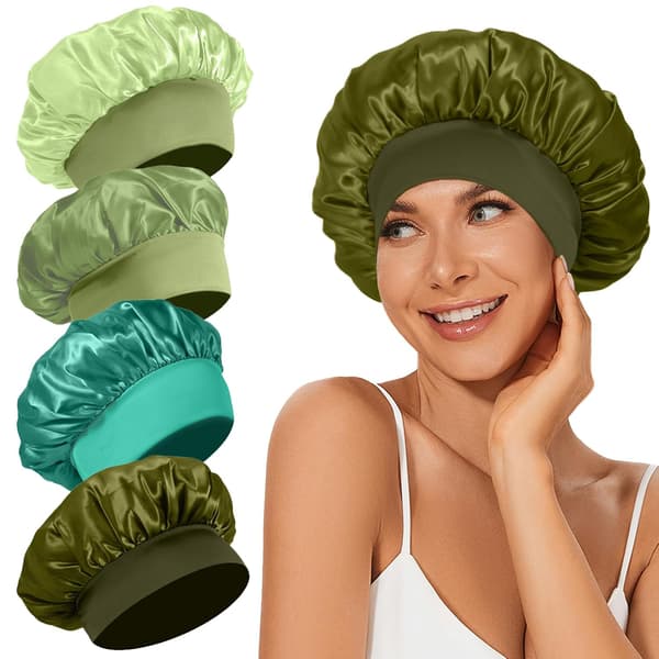 4 silke satin natkapper, med elastik til håret, store og elastiske (grøn serie)
