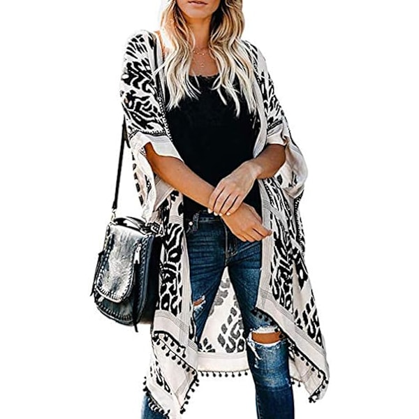 Kimono Morgonrock Kofta för Kvinnor, Plus Size Ärmlös Strand Bikini Överdrag med Pom-pom, Trendigt Löst Sittande Badkläder Omlott för Vår och Sommar 2021