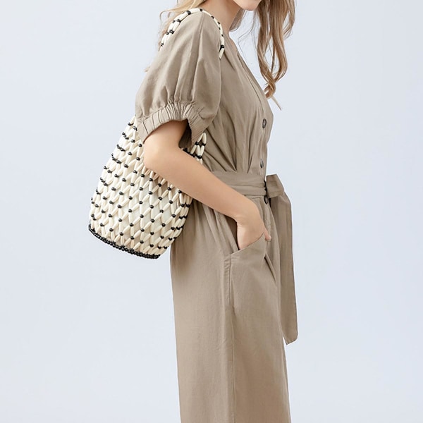Retro Træ Skuldertaske Kvinder Vævet Perlebesat Håndtaske Udhulet Tote Taske Casual Strand Bucket Taske White