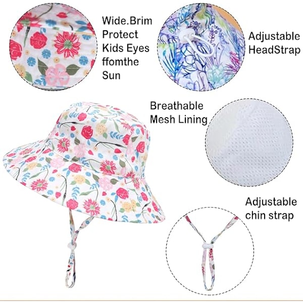 2 stk. Baby Solhat, Børne Fiskerhat, Unisex Bredskyggede Hatte, Justerbar Foldbar, Solbeskyttende Strandhat til Børn