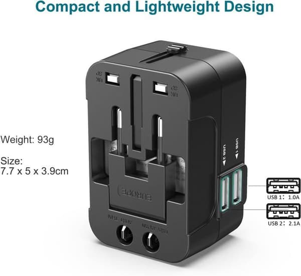 Rejseadapter med 2 USB-porte, alt-i-én global rejseadapter, universel oplader, strømadapter