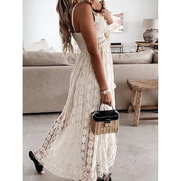Sommer Slip Boho Maxikjole for Kvinner Snøring Dusk V-Hals Flare Ruffle Strandkjoler