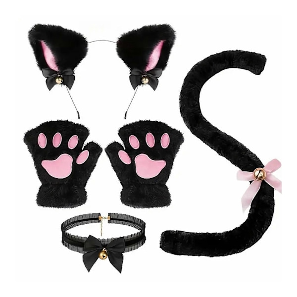 4 stk./sett Kattekostyme Cosplay Tilbehørssett Plysjmateriale Katteøre Hodebånd Bjelle Halskjede Klohansker Hale Sett Black One size
