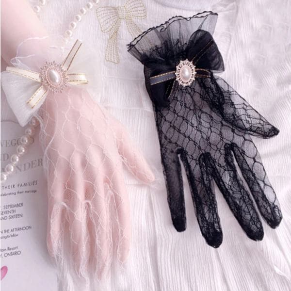 Sorte Hvide Blondehandsker Gotisk Lolita Mesh Sløjfehandske SORT Sort Black