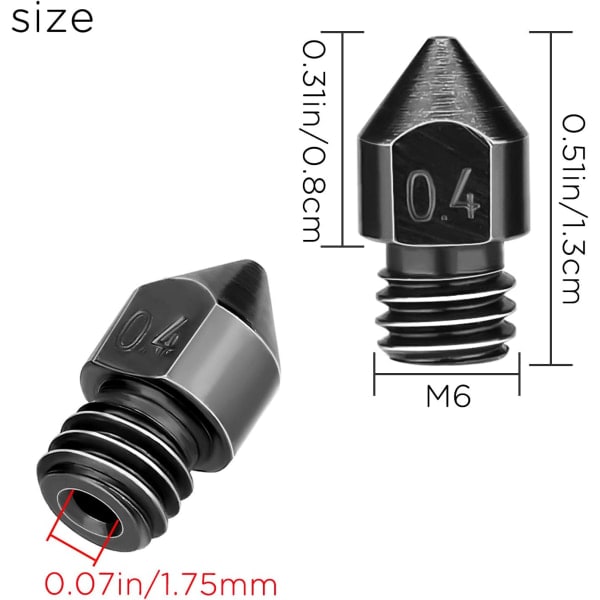 5 stk. Ekstruderdyser 0,4 mm/1,75 mm 3D-printerdyser til MK8 med opbevaringsboks Kompatibel med Makerbot CR-10 Ender 2 3/3pro 5