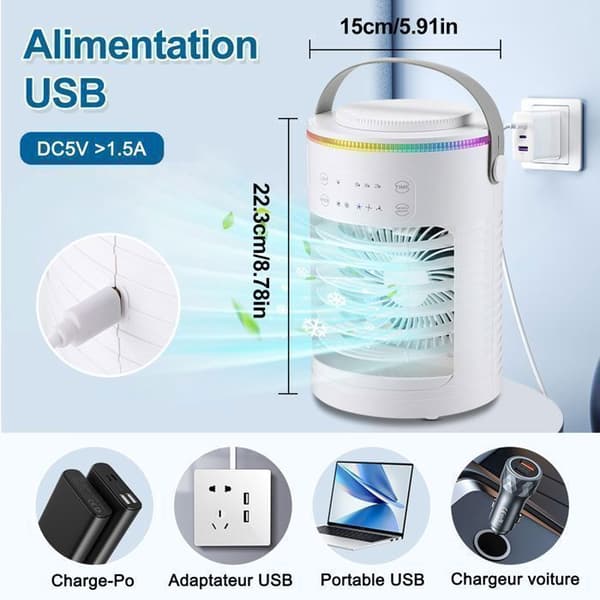 BRILLSTEN Bærbar Aircondition Ventilator 600ML USB — Støjsvag 3-hastigheds ventilator, luftfugter og renser