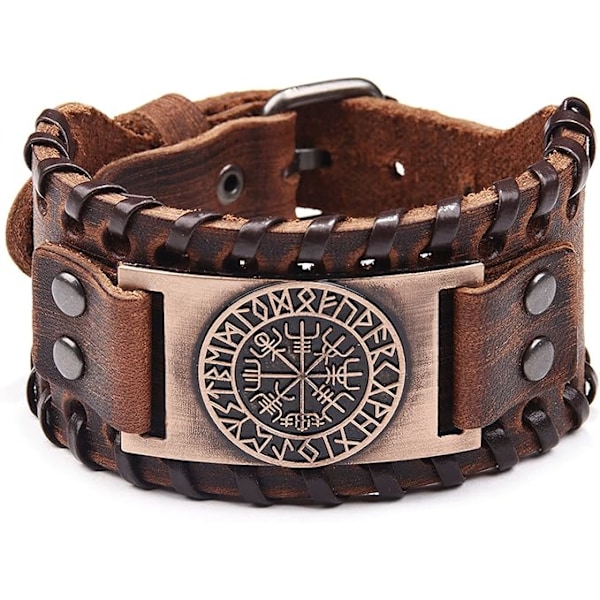 Brunt Vikingarmband - Justerbart Nordisk Kompass Amulettarmband, Hedniskt Keltiskt Talisman Smycke, 18 till 22,5 cm, Läder