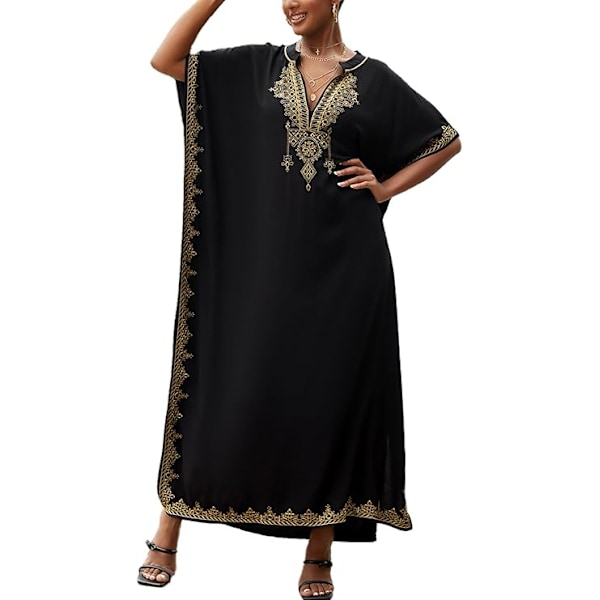 Kaftan med blomsterbroderi, bohemisk strandklänning, bikiniöverdrag, lång strandkaftan för kvinnor