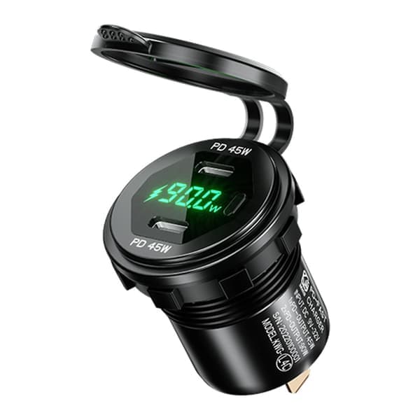 Metal 90W Dobbelt Type C USB C PD Hurtigoplader til Bil med Spændings-/Strømdisplay [Db] Sort Sort Grønt lys