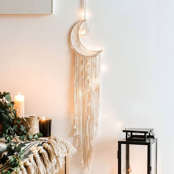 Makrame Vægophæng med LED-lys, Måne Drømmefanger Vævet Gobelin Boheme Hjemmeindretning Bryllupsfest Ornamenter Håndværksgaver Ramadan Dekorationer