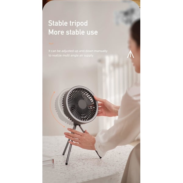 Teltventilator med stativ, bordventilator med lys, 18 x 18 cm, 560 g, 10.000 mAh, driftstid 27 timer (grå) Grey