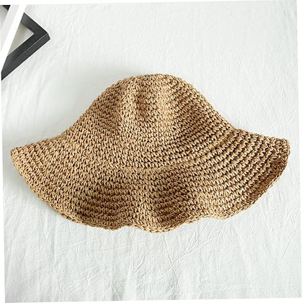Strandhatt för damer, sommarstråhatt för damer, hopfällbar stråhatt med bred brätte, khaki sommarhatt