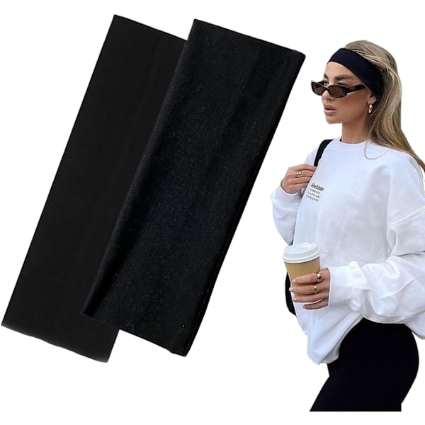 7 cm breda svarta pannband för kvinnor och män, 2-pack fashion pannband för kvinnors hår, mjuka för smink, yoga, löpning, sport black*2