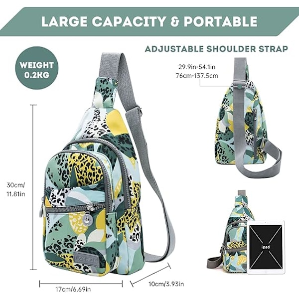 Lång Sling Bag Crossbody Väska för Kvinnor Män, Vattentät Axelväska, Liten Ryggsäck för Resor, Vandring, Löpning Leopardo verde amarillo