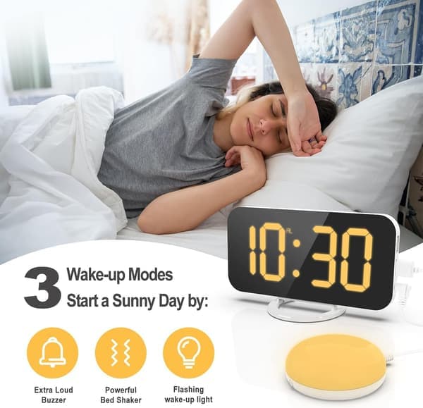 Extra Hög Vibrerande Väckarklocka, Digital Väckarklocka med Sängvibrator, Stor Display, USB-laddare, Digital Hög Elektronisk Klocka Vit White