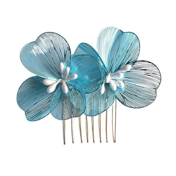 Brudkam med blomsterdekor i koreansk stil, halkfri design, hårklämma, retro bröllopshåraccessoar Blue