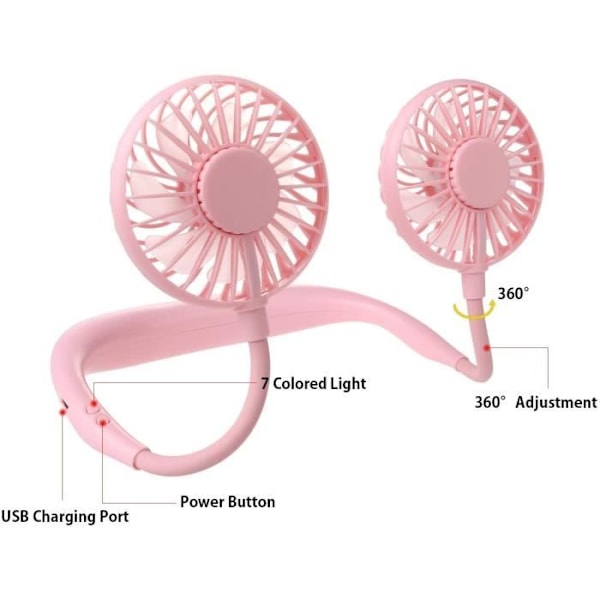 Mini USB-ventilator, genopladelig halsventilator, halsbåndsventilator, dobbelt vindhoved 3 hastigheder til udendørs camping