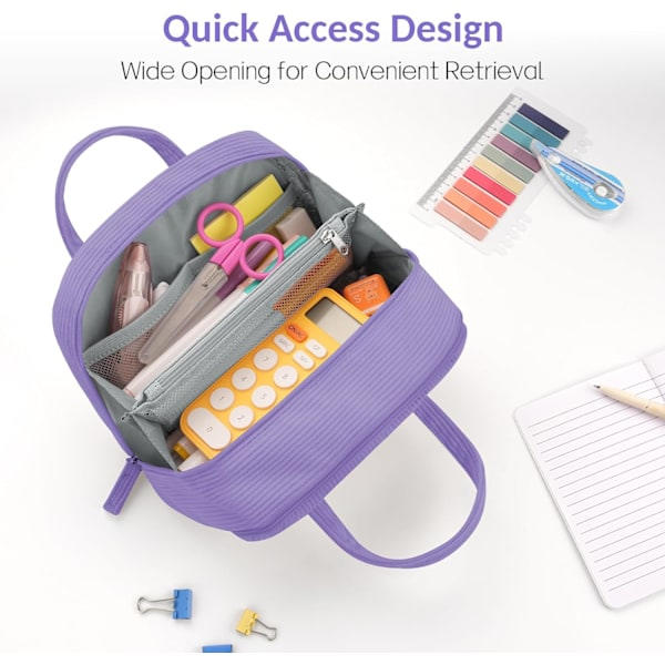 Stor pennfodral, extra stort pennfodral med 5 fack, pennfodral med bred öppning, mjuk manchester pennfodral organizer med dragkedja-beige purple