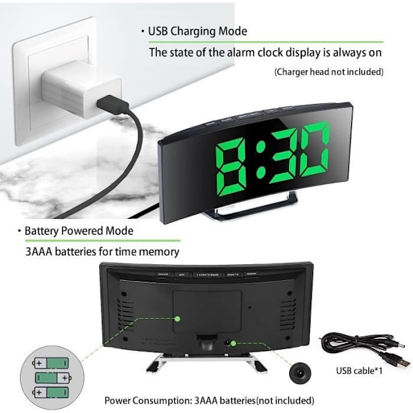 Digital väckarklocka för sovrum, 7'' LED-spegelskärm, 2 ljusstyrkor, USB-laddning & batteridriven (Grön)