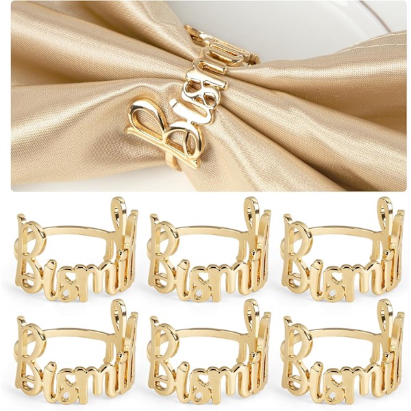 Serviettringer gull Bismillah-bokstav, serviettringer i metall serviettspenner blad for Ramadan, middag, jubileum, borddekorasjon, 6 stk