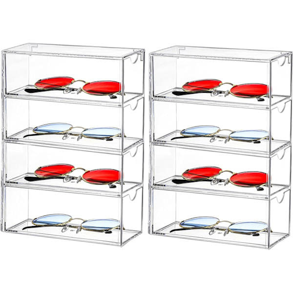 2 Pak Solbrilleholder Akryl, Klar Brilleetui med 4 Skuffer, Stabelbar Brilleholder, Klar, 6,6 x 24,6 x 17,5 cm