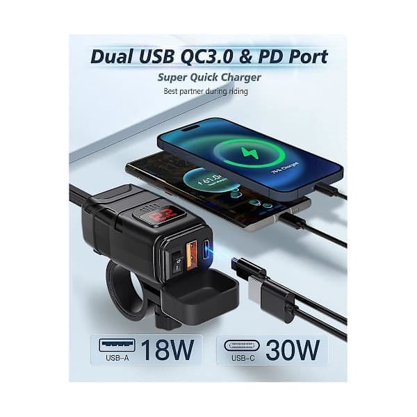Motorsykkel USB-lader med USB-C PD & QC 3.0, doble porter, voltmeter