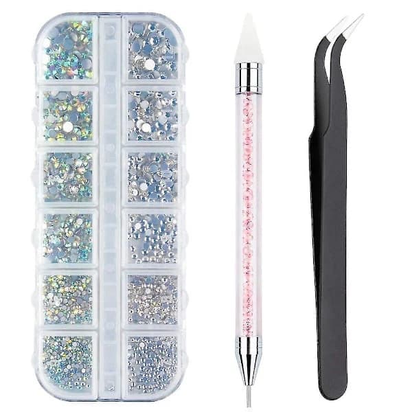 3000 strass 6 storlekar platta stenar, AB + klara strass naglar
