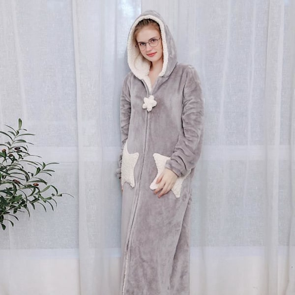 Morgenkåpe for kvinner - Grå - Hette Splice Tykk Korallfleece XL