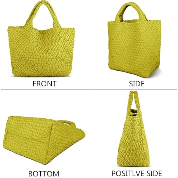 Vegansk Læder Vævet Tote Taske til Kvinder, Mode Håndlavet Strandtaske med Top Håndtag Chartreuse