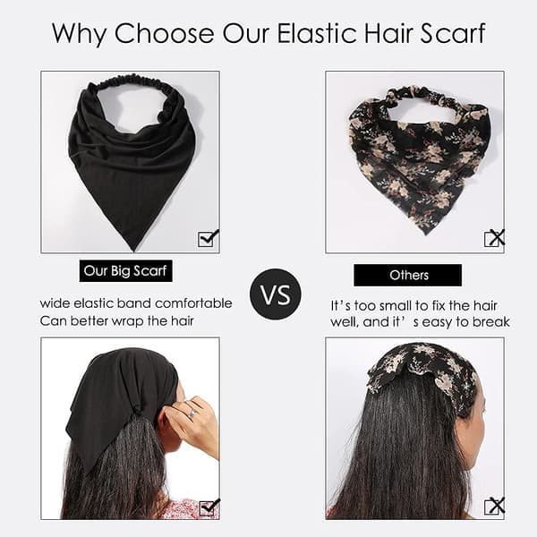 Hårskjerf for kvinner, elastisk stort boho-triangel bandana hodeplagg med klips, sklisikkert ensfarget hårbånd