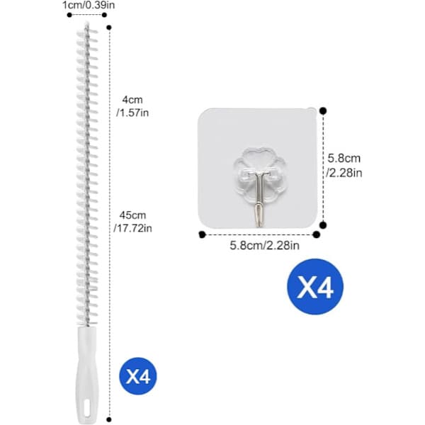 4-delt, Avløpsbørste, 45 cm, For vasker, baderom, kjøkken, dusjer, Med 4 kroker, Hår- og avløpsbørste