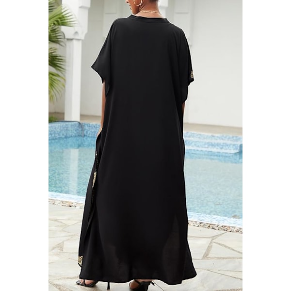 Kaftan med blomsterbroderi, bohemisk strandklänning, bikiniöverdrag, lång strandkaftan för kvinnor