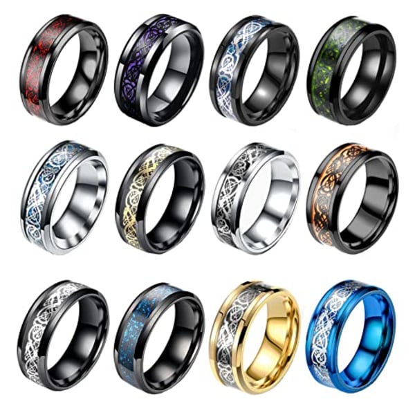 12 st 8mm rostfritt stål ring för män kvinnor keltisk drake fasade kanter keltiska svarta ringar hårdmetall bröllopsringar set 15.7mm