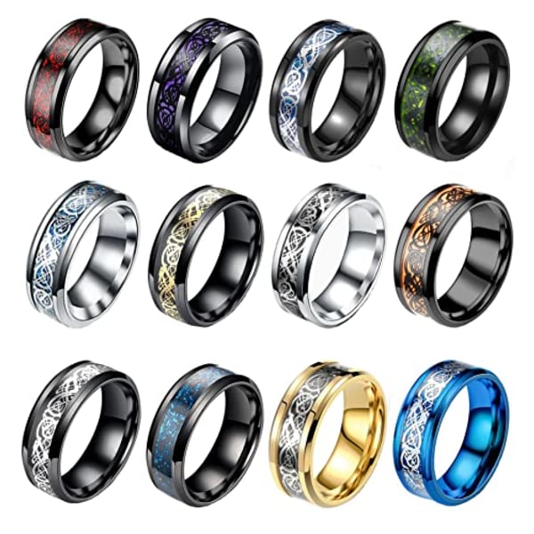 12 st 8mm rostfritt stål ring för män kvinnor keltisk drake fasade kanter keltiska svarta ringar hårdmetall bröllopsringar set 18.2mm